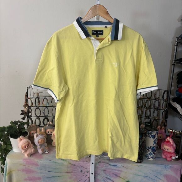 Barbour Light Yellow Polo Shirt with Blue Accents Finkle Polo size XXL - Picture 2 of 8